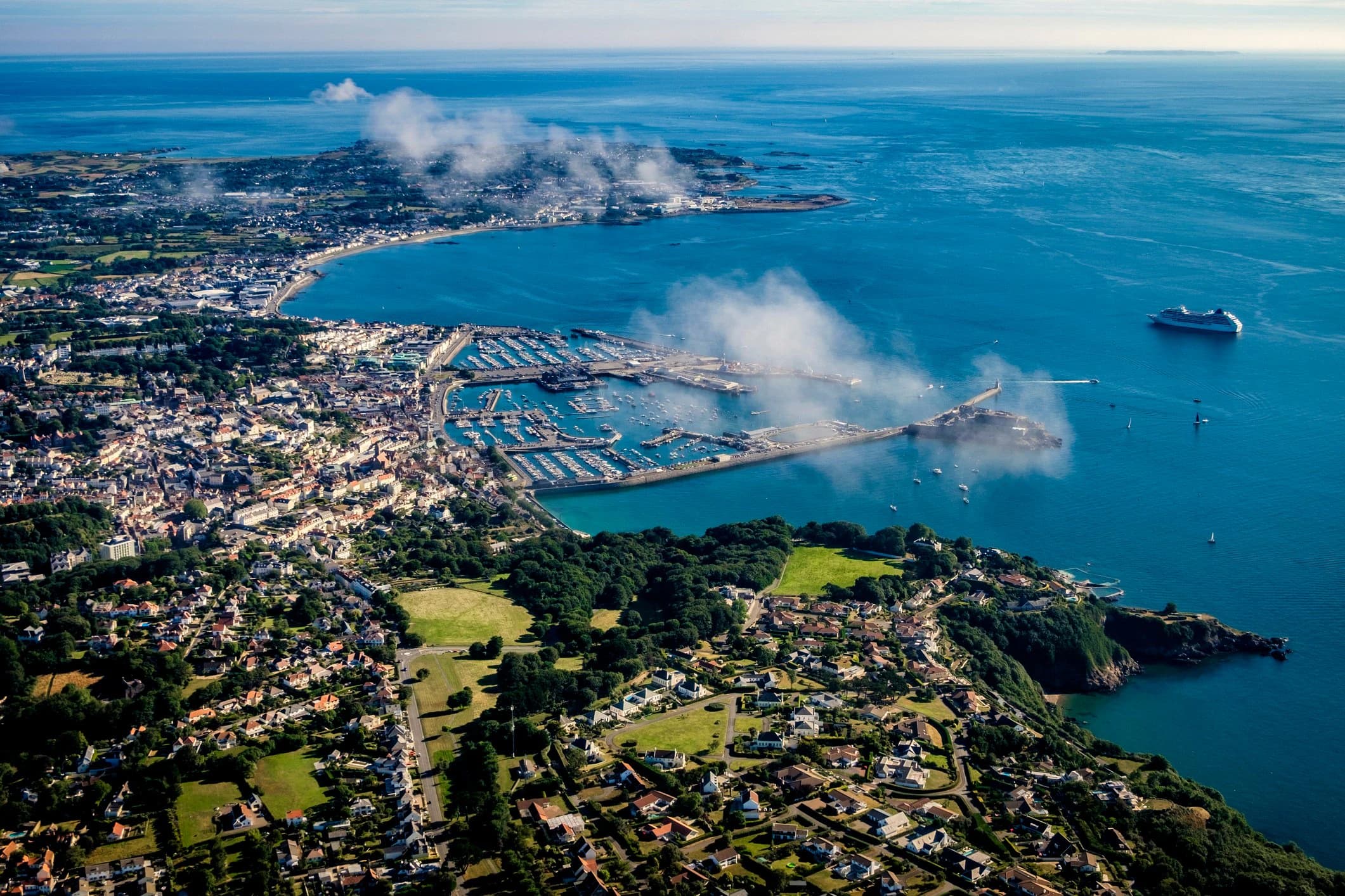 Aerial view of St Peter Port and Castle Cornet in Guernsey.