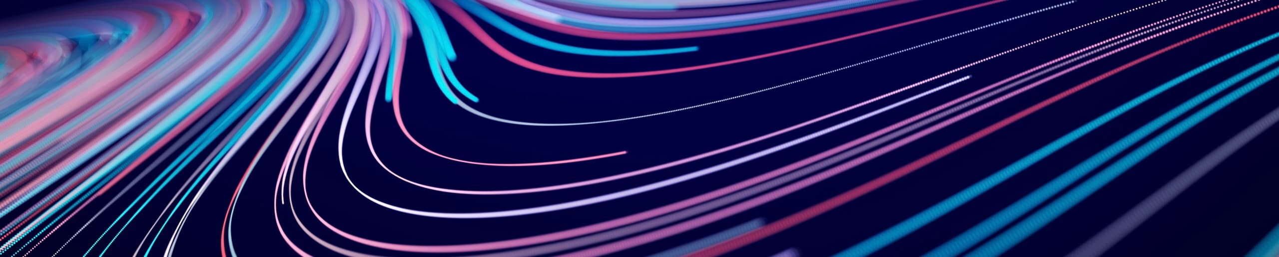 Abstract digital background of flowing, curving neon lines in shades of blue, pink, and purple against a dark backdrop.
