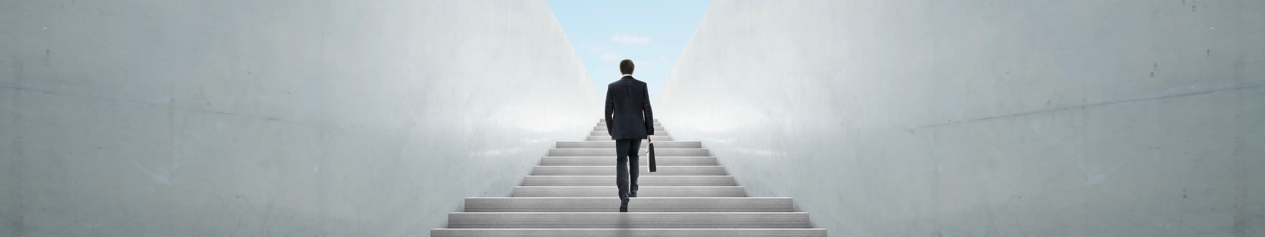 A businessman in a dark suit carrying a briefcase, walking up a grand white staircase leading into a bright white light.