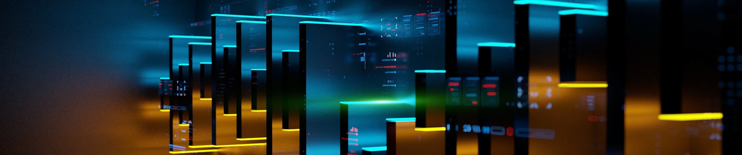 Abstract dark panoramic render of modern, geometric glass blocks reflecting glowing orange and blue streaks of light.