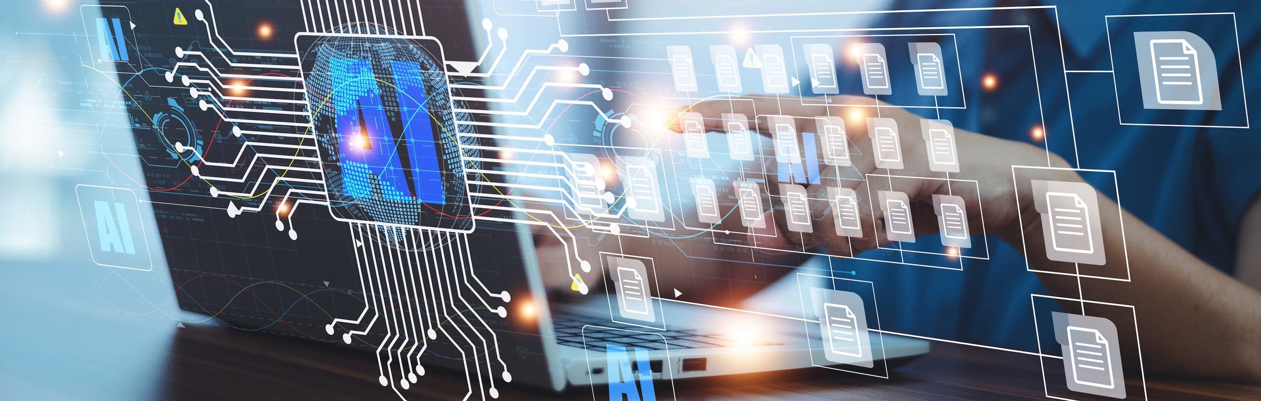 A futuristic graphic showing digital data files and lines of light transferring into a microchip on a computer processor.