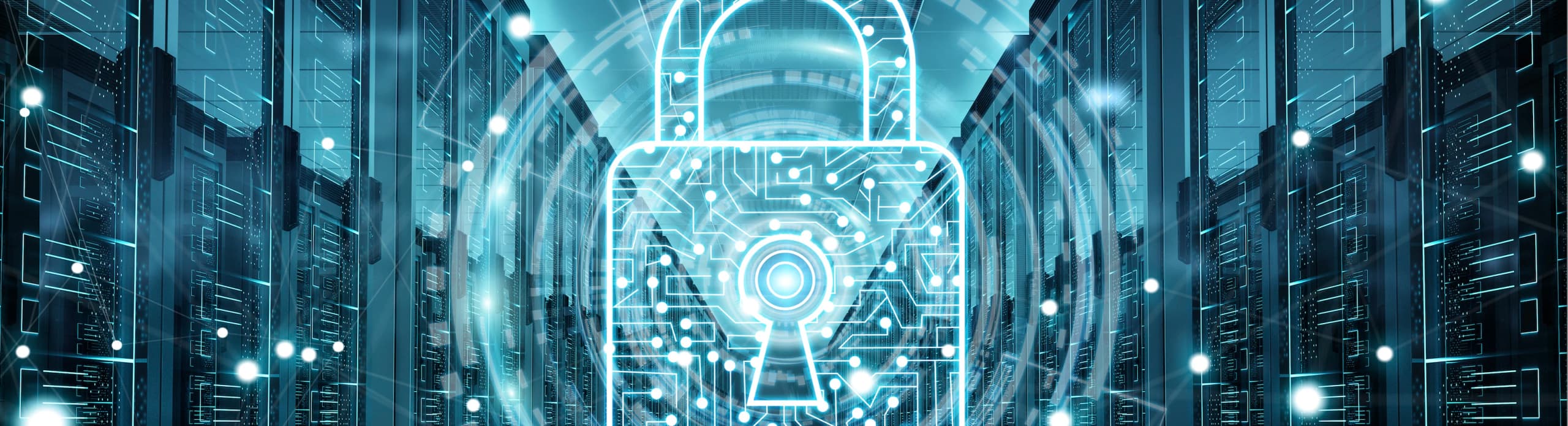 Abstract digital graphic of a glowing blue security padlock hologram inside a server room corridor.