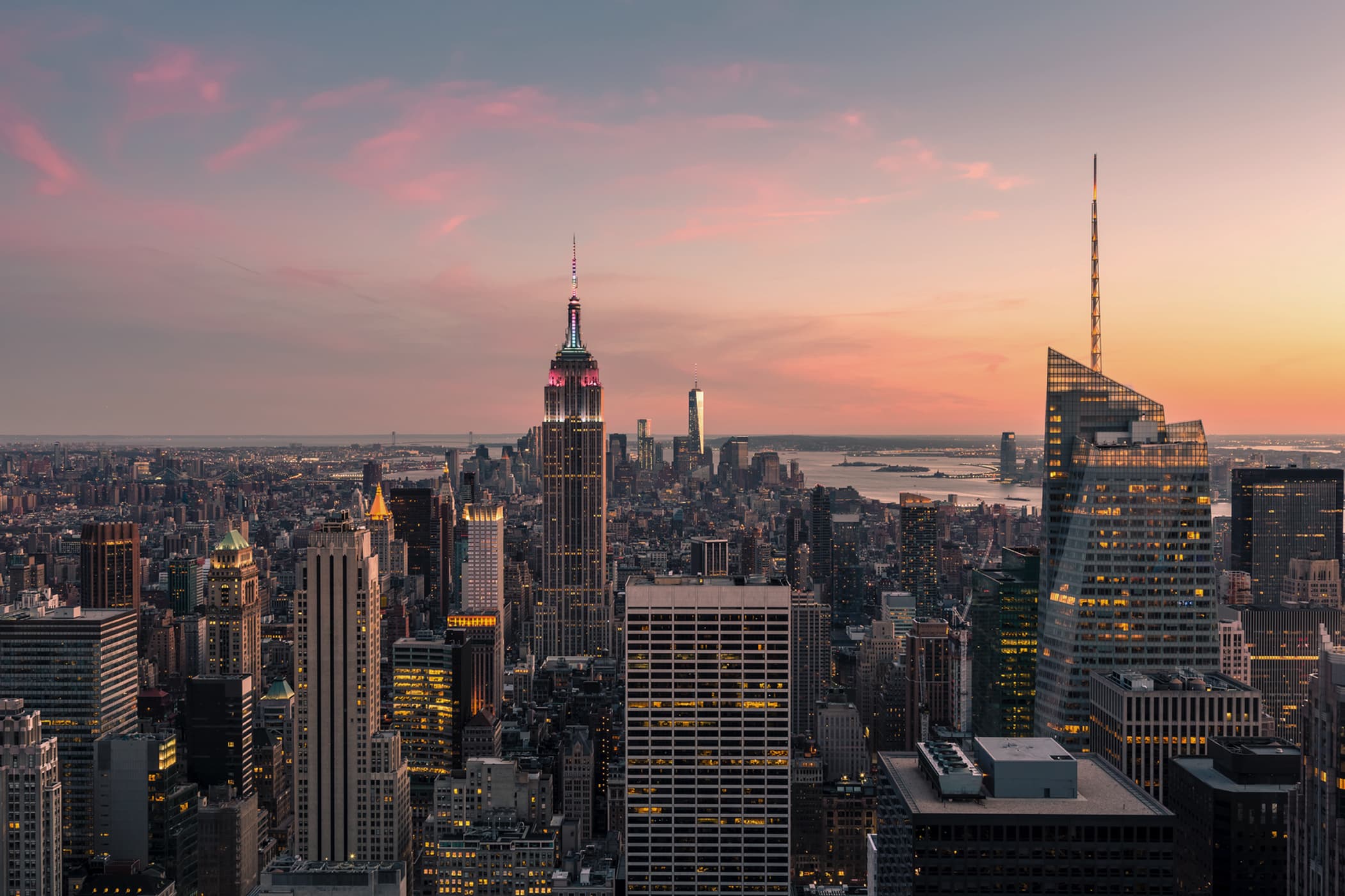 Sunset view of the Empire State Building and the New York City skyline.