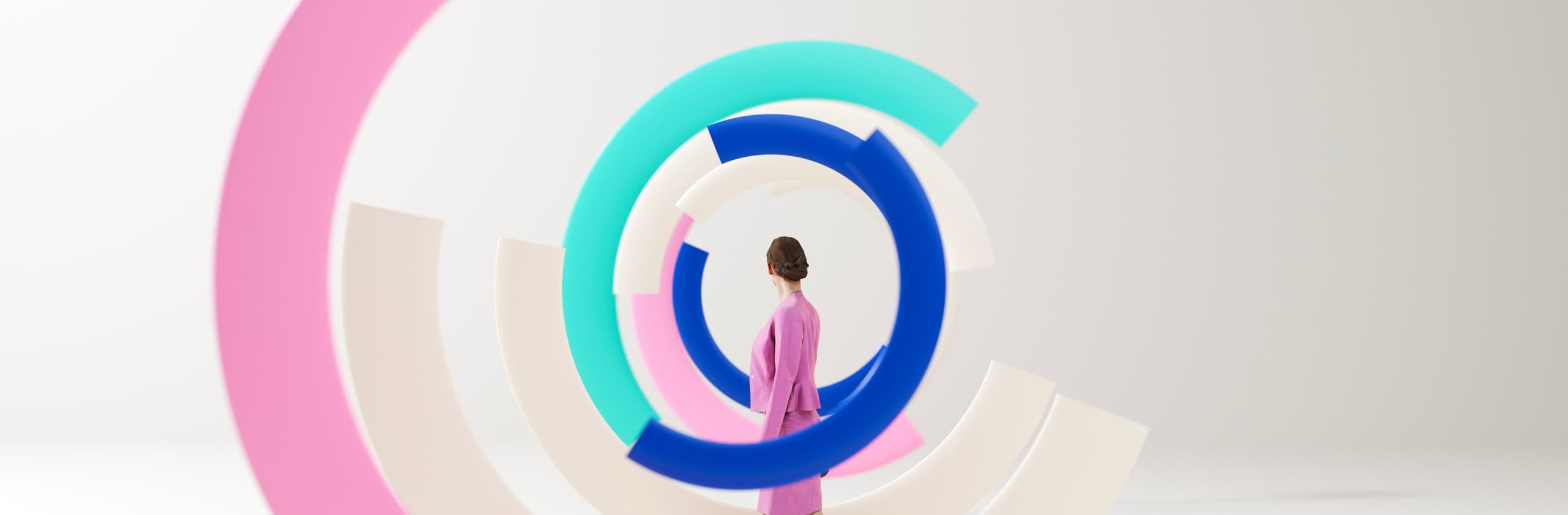 Abstract graphic illustration of a woman standing in profile, centered within concentric, nesting circular bands of pink, blue, and teal.