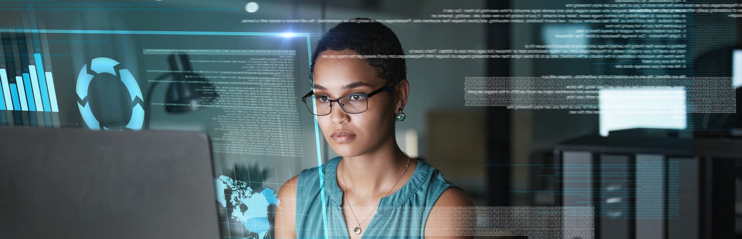 A young woman with glasses working on a laptop, overlaid with digital columns of computer code and analytical data.